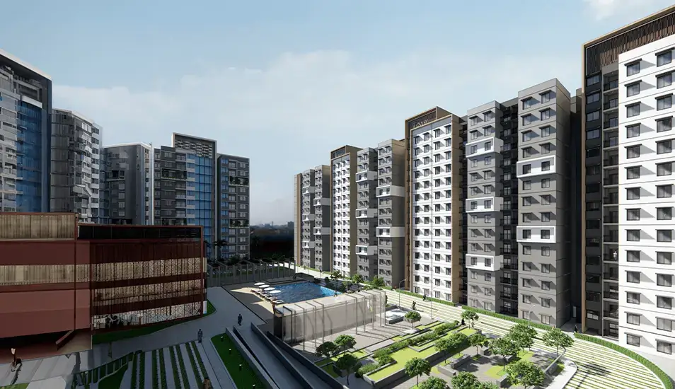 Purva Codename Futura landscaped gardens with lush greenery and water features