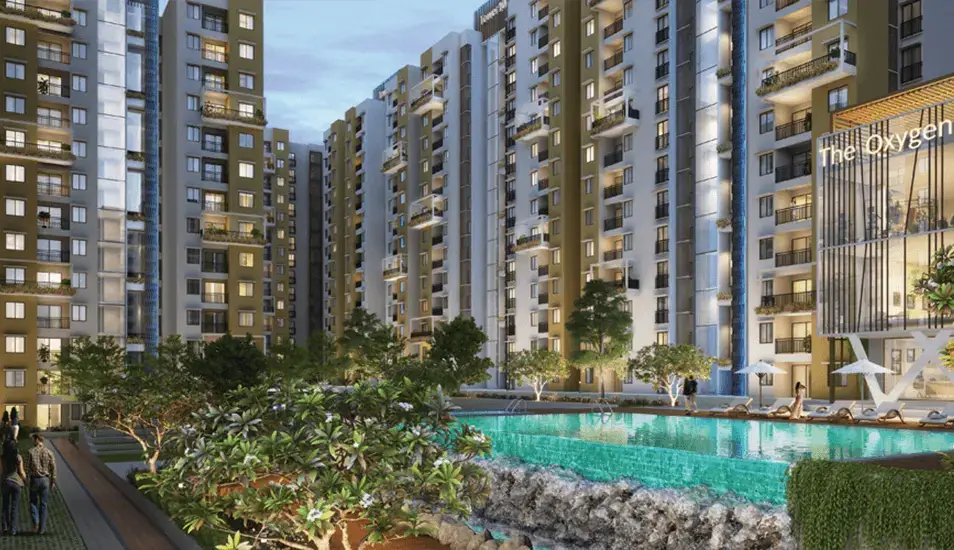 Purva Codename Futura resort-style swimming pool with kids section and poolside loungers